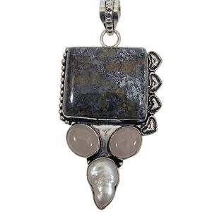 Handmade Silver Pendant with Ocean Jasper, Rose Quartz & Pearl